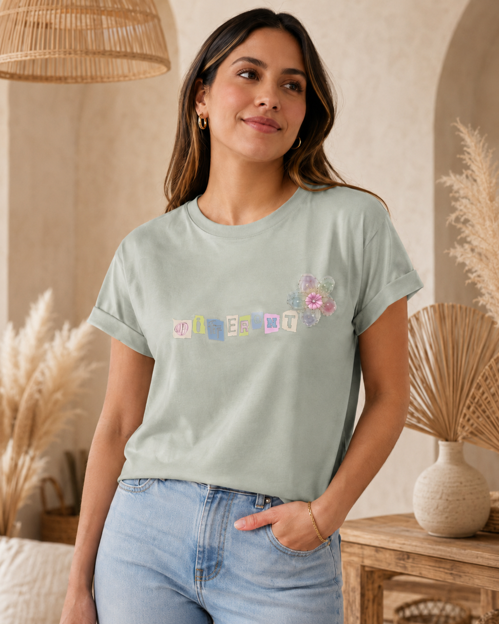 Camiseta Different con flor decorativa 3070