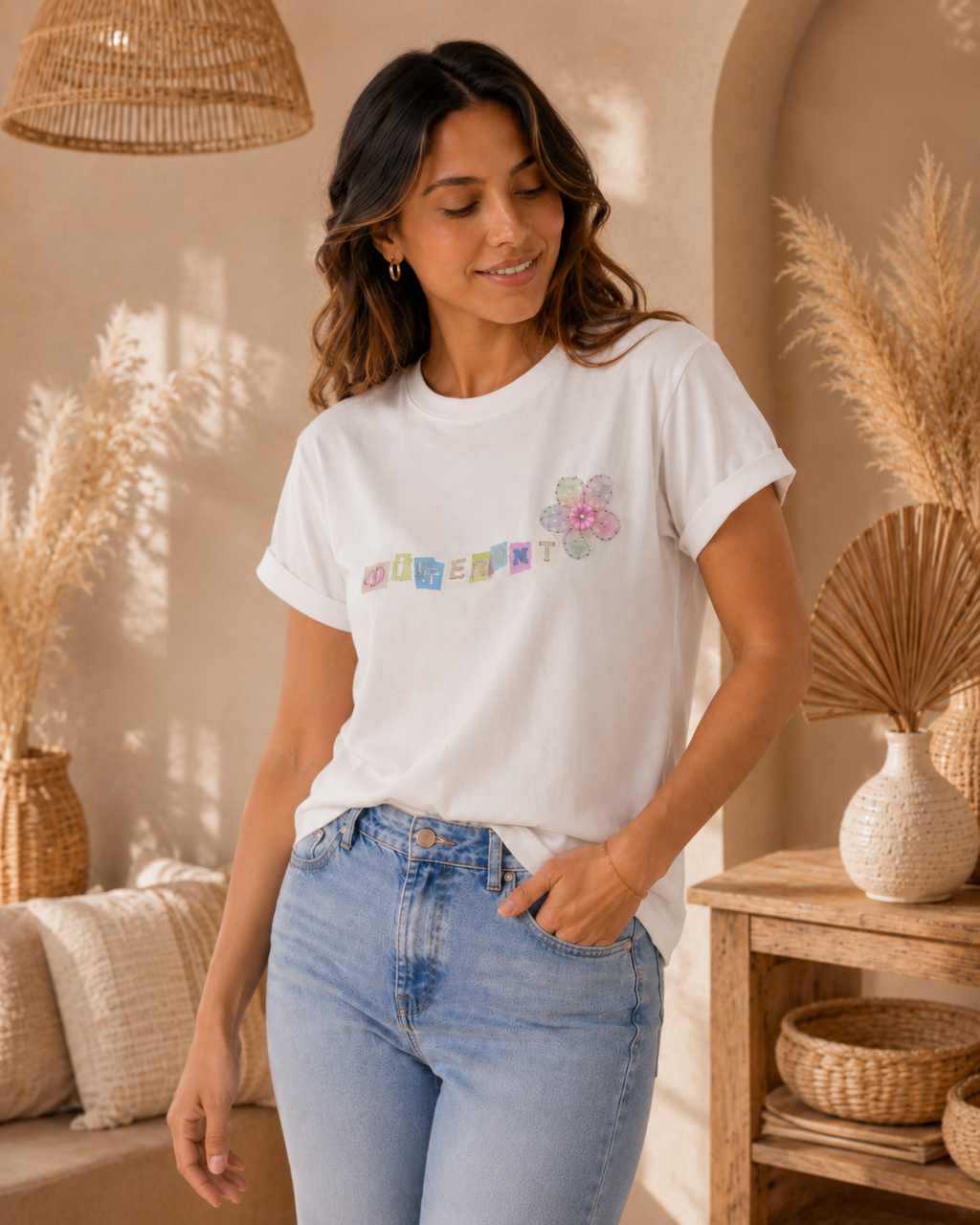 Camiseta Different con flor decorativa 3070